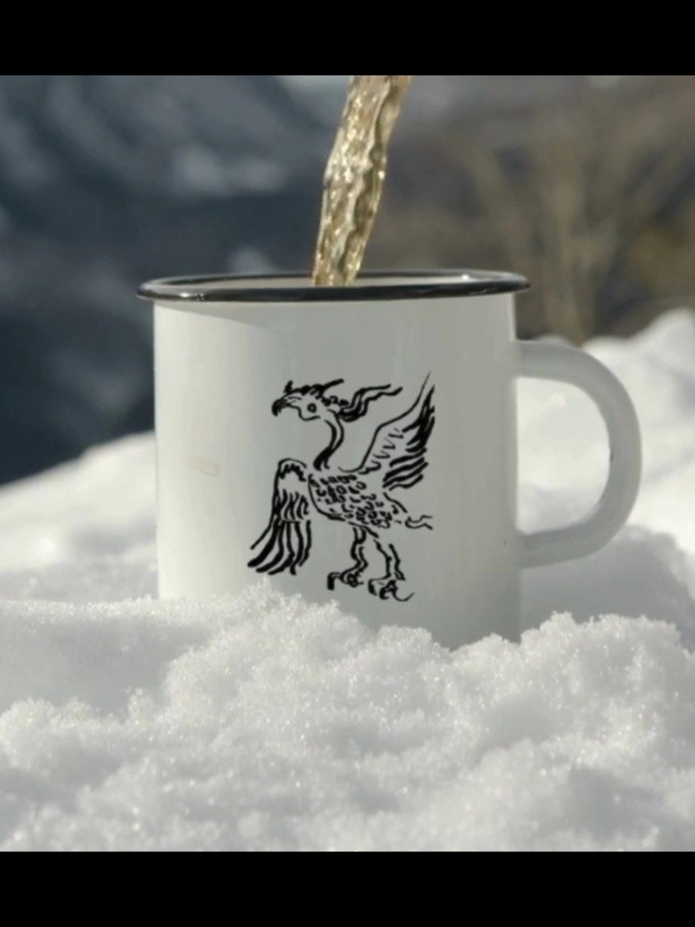 White Enamel Camp Mug with Black Mythical Bird Artist Drawing Print
